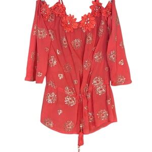 Boston Proper Coral Floral Embellished Blouse.Open shoulders.Made in India